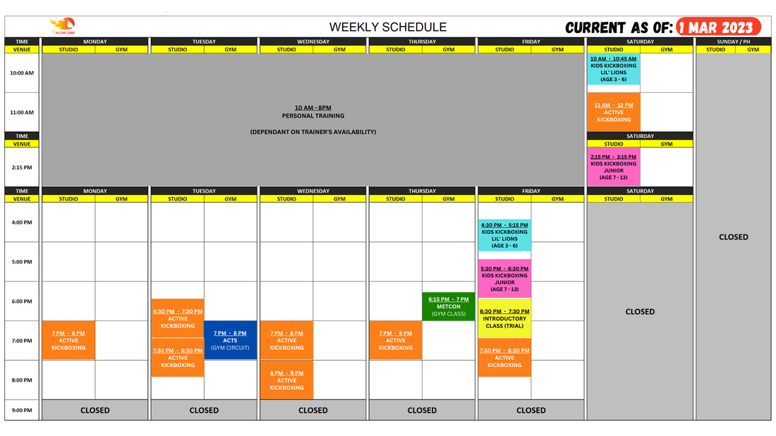 Active Zone Group Class Schedule (ladies kickboxing, kids kickboxing)